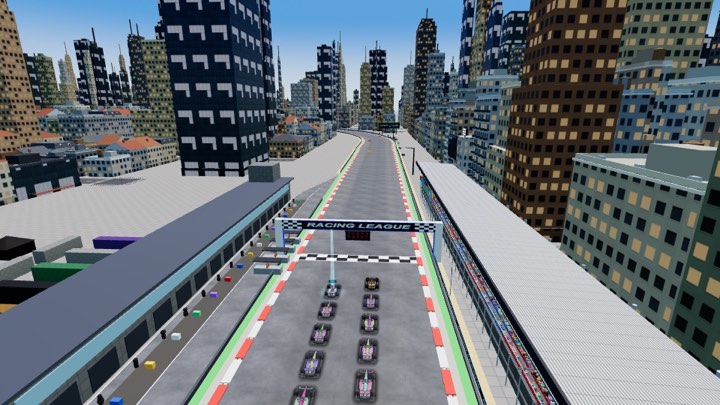 A full grid of formula cars lined up under the start gantry in Racing League