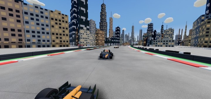 Chasing a formula car down a city straight in Racing League